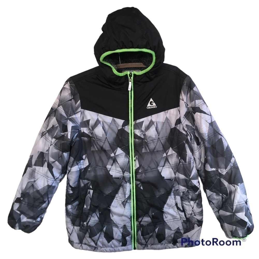 Gerry Boy’s Gray Camo Puffer Reversible Fleece Hooded Jacket Size L 14/16 Youth
